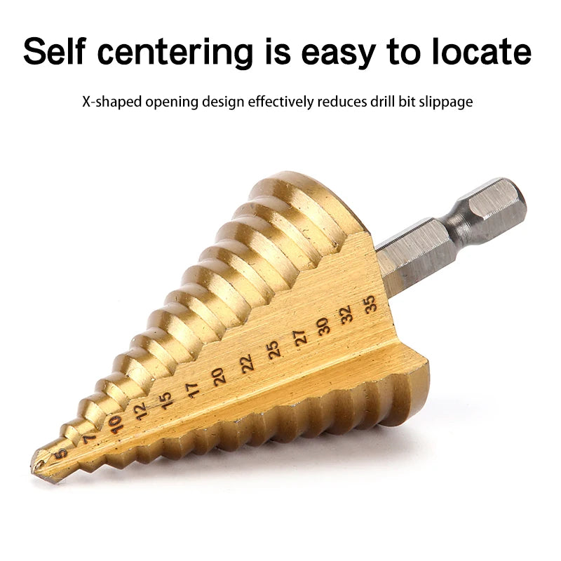 Broca escalonada de titanio dorado 5–35 mm | Vástago hexagonal | Ideal para perforar y ampliar orificios en madera, plástico y aluminio