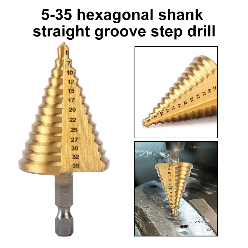 Broca escalonada de titanio dorado 5–35 mm | Vástago hexagonal | Ideal para perforar y ampliar orificios en madera, plástico y aluminio