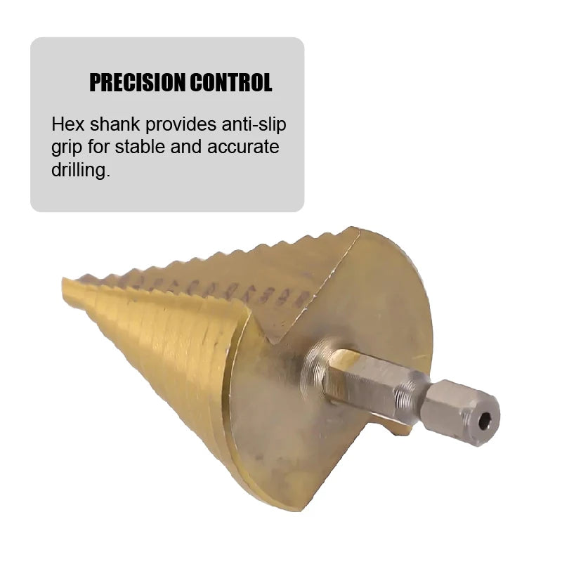 Broca escalonada de titanio dorado 5–35 mm | Vástago hexagonal | Ideal para perforar y ampliar orificios en madera, plástico y aluminio