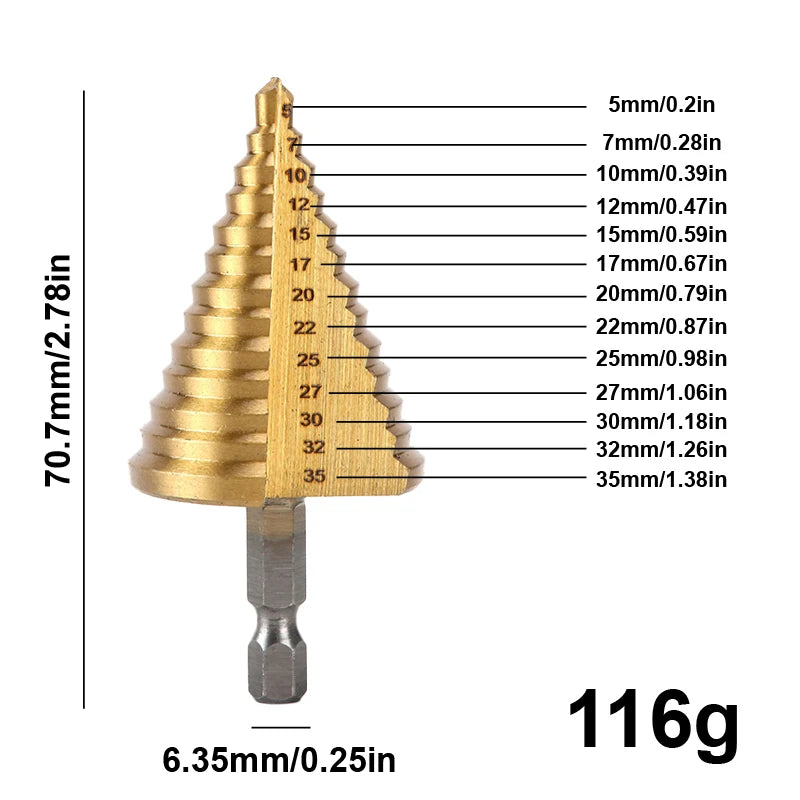 Broca escalonada de titanio dorado 5–35 mm | Vástago hexagonal | Ideal para perforar y ampliar orificios en madera, plástico y aluminio