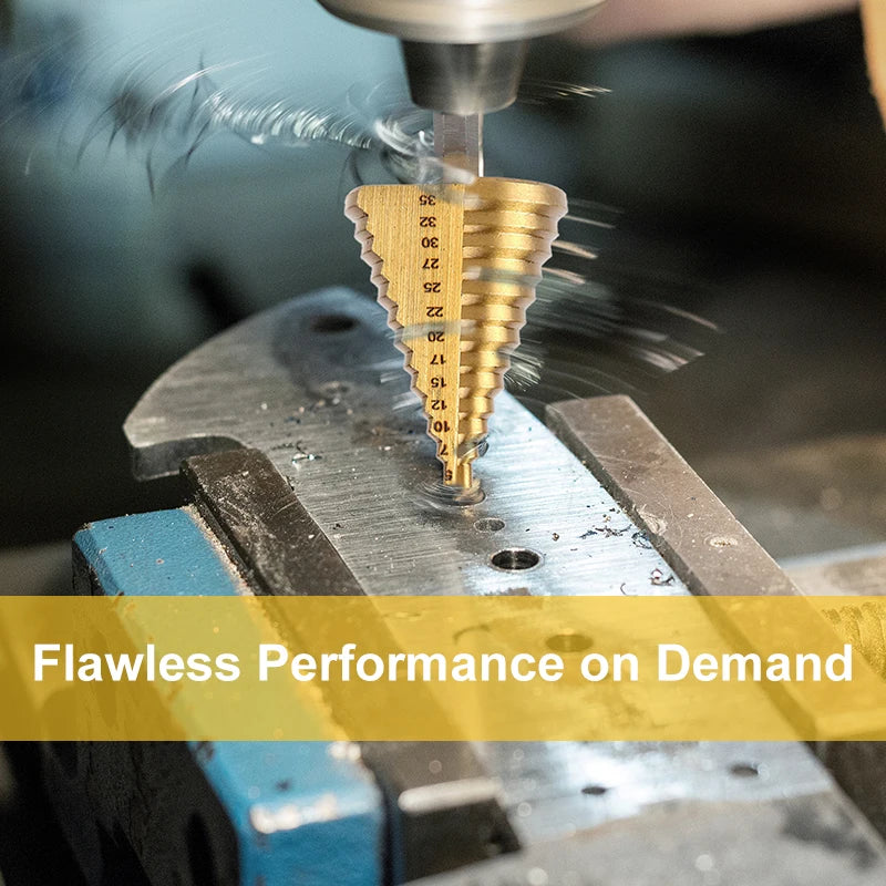 Broca escalonada de titanio dorado 5–35 mm | Vástago hexagonal | Ideal para perforar y ampliar orificios en madera, plástico y aluminio